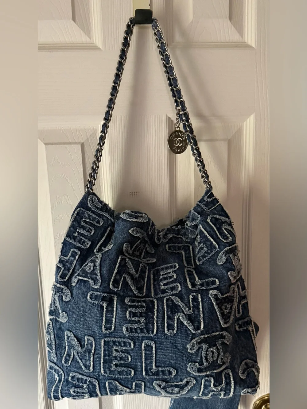 Denim Logo-Embroidered Navy Shoulder Hobo